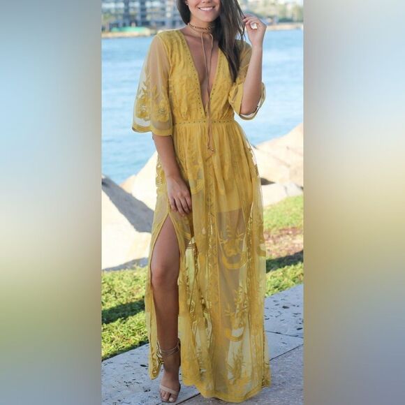 Wishlist Boutique Mustard Yellow Boho Plunge Neck Lace Overlay Romper Maxi Dress - Picture 1 of 6